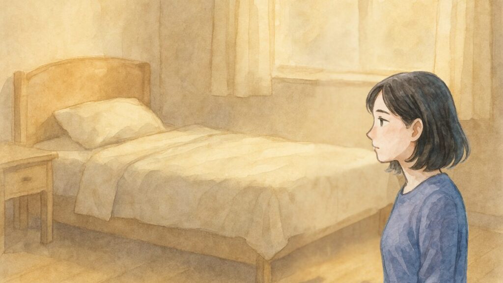 介護が終わり、人のいない寝室に立ち尽くす様子